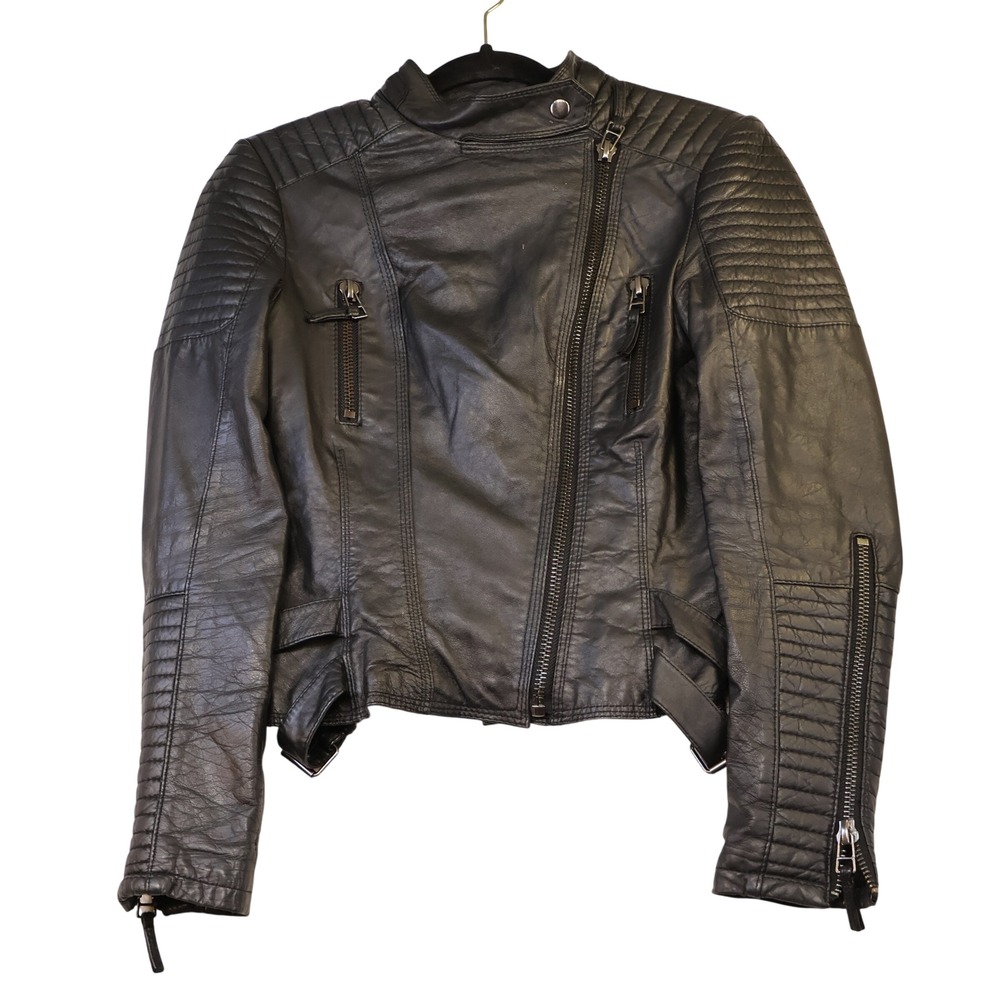 Zara Women S Moto Jacket Black Lambskin Leather Quilted Biker Asymmetric